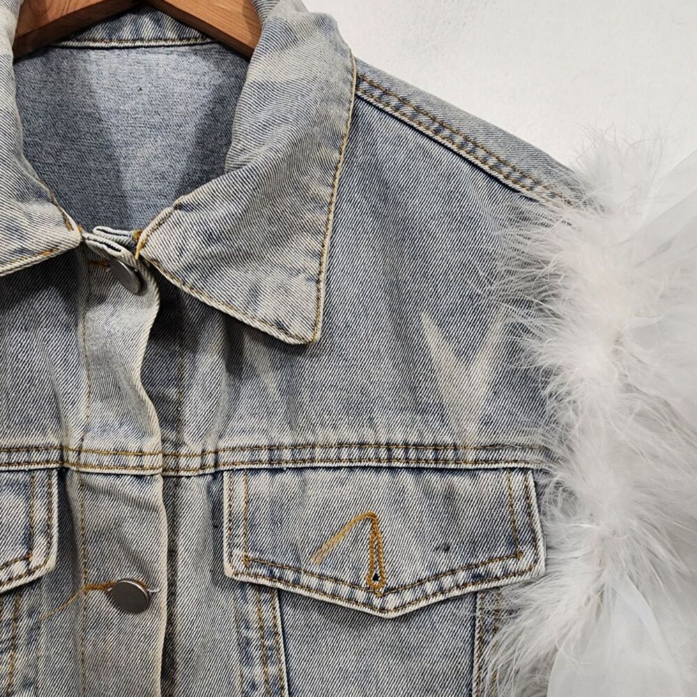 Upclycled Bujtton-front denim vest oversized white tulle ruffle sleeves Size L - Picture 12 of 16